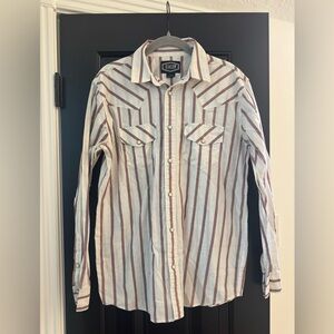 Gibson Men's Casual White and Maroon Striped Pearl Snap Western Shirt